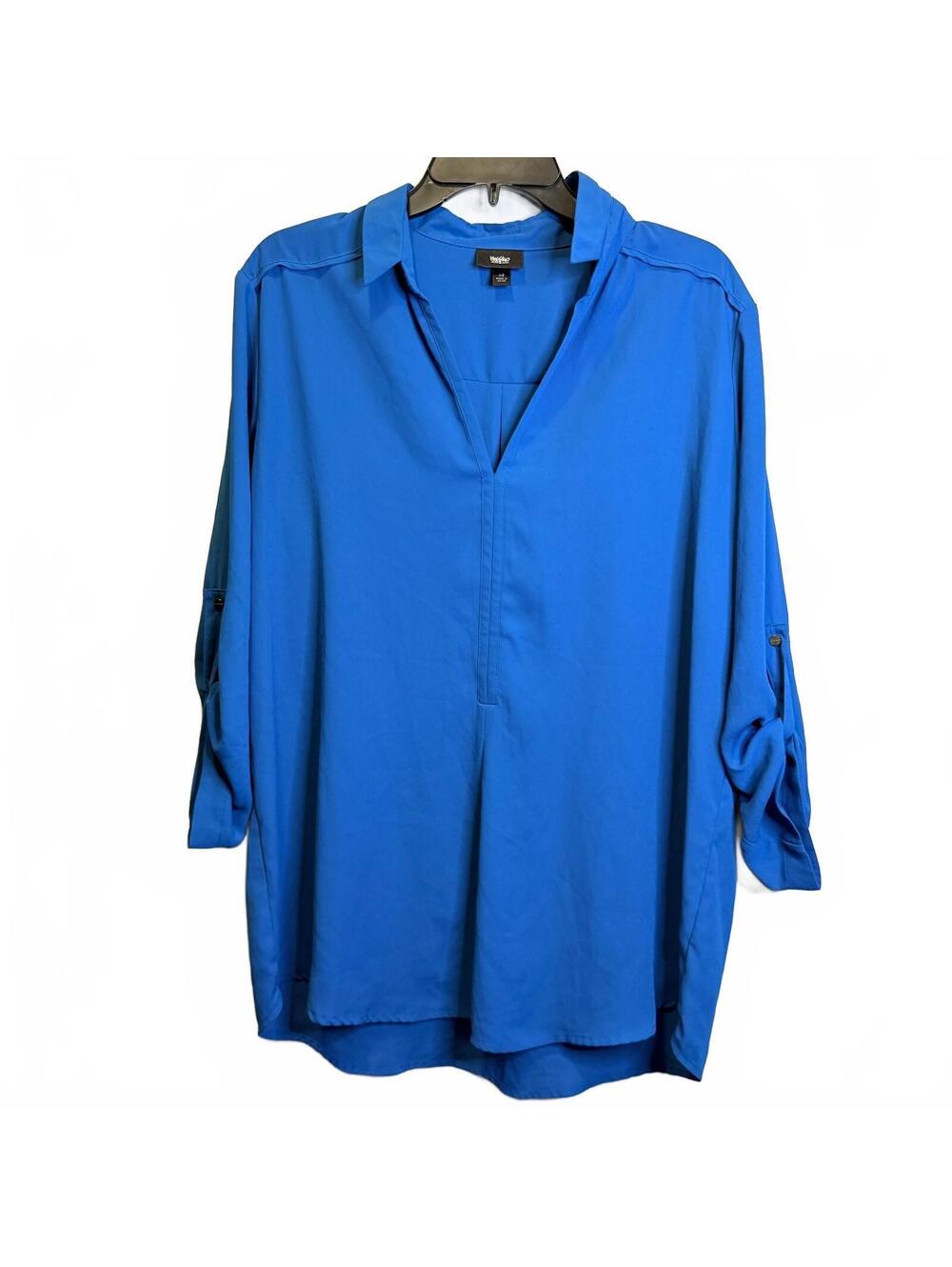 Mossimo Large Cobalt Blue Roll Tab Sleeve V Neck Tunic Blouse